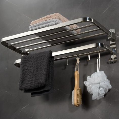Towel Rack Bathroom Shelf Wall Mounted Foldable with 2 Storage Layers and 4 Hooks