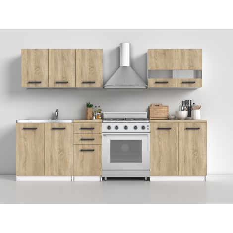Conjunto de muebles de cocina de 200 cm - Cuerpo blanco mate, frentes de roble Sonoma - ¡Perfecto para tu cocina (1/2)