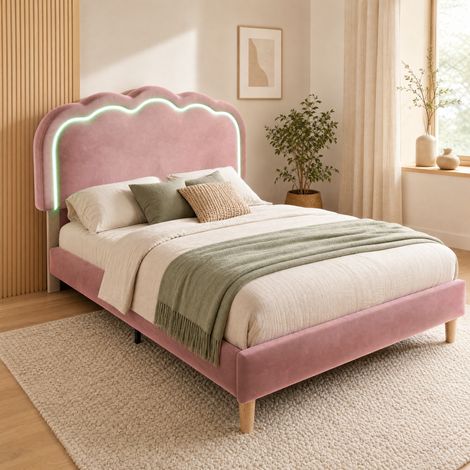 Etagenbett 90x200 cm in Rosa aus Samt mit LED-Kopfteil und verstellbarer Höhe (1/5)