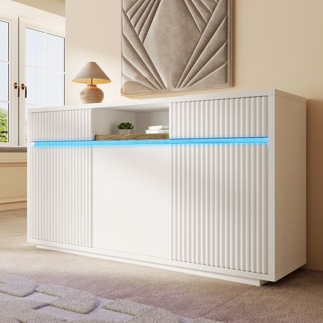 Buffet blanc moderne avec éclairage LED 140 x 40 x 85 cm, meuble de rangement avec 2 tiroirs, 3 portes et étagères réglables, enfilade lumineuse pour salon, entrée et cuisine (1/5)