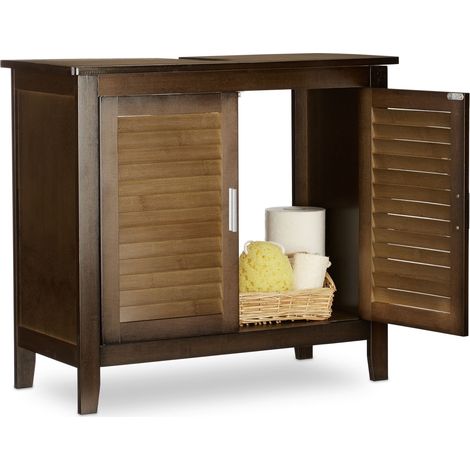 Relaxdays – Meuble sous vasque en bambou marron foncé – Dimensions H60 x L67 x P30 cm – Résistant à l'humidité – Ouverture pour siphon (1/4)