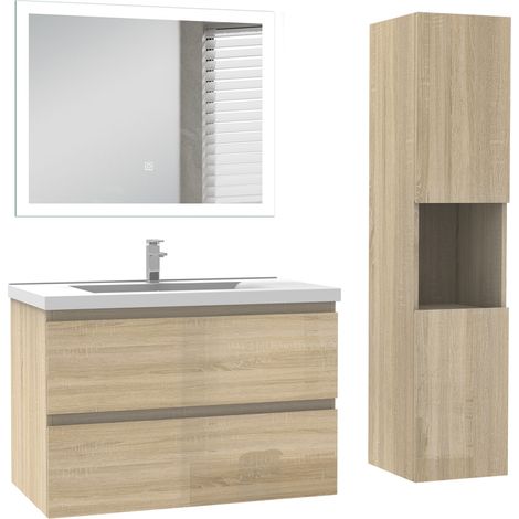 Ocean Ensemble de Meuble salle de bain 79cm Chêne Haut Brillant, miroir led + colonne 131.5cm