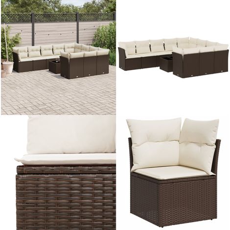 Set de sofás de jardín 11 pzas cojines ratán sintético marrón - Cojines de asiento - Muebles de exterior