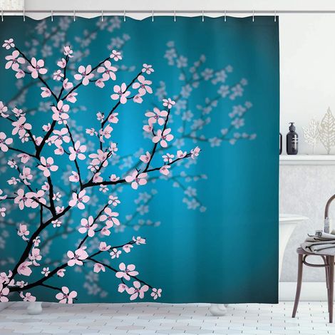 japonais Rideau De Douche, Motif Sakura Bloom, Tissu Ensemble De Dcor De Salle De Bain Avec Crochets, 180 Cm X 180 Cm, Essence Bleu Ple Rose (1/5)