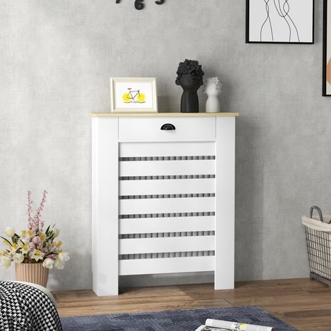 Heizkörperverkleidung, horizontales Lamellengitter mit 2 Holzschubladen, 78 cm (B) x 19 cm (T) x 95,5 cm (H), weiß