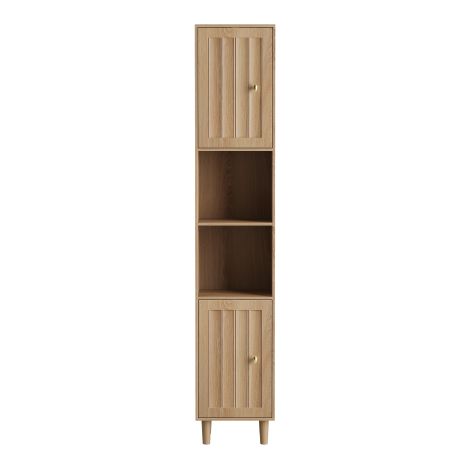 Armoire étroite en imitation chêne à façades cannelées, dimensions 62×30×169cm, meuble de rangement pour salle de bain, toilette et entrée avec 2 portes et étagères modulables (1/5)