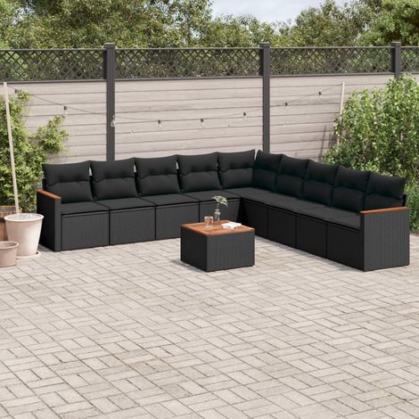 Gartenmöbelset 10-teilig mit Kissen Schwarz Geflochtene Kunststoffe (1/3)