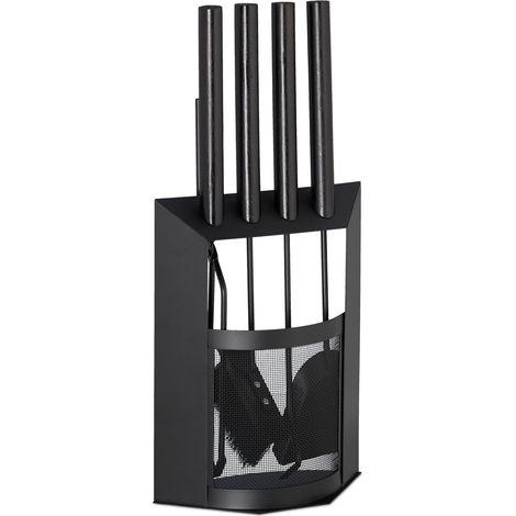 Relaxdays Fireplace Companion Set, 5-Piece Utensil Set with Shovel, Broom, Tongs & Holder, Modern, Black (1/5)