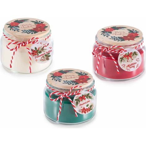 Candele di Natale profumate in barattolo di vetro con coperchio in legno, decori natalizi e fiocchetto, set da 3 pezzi, Ø 10 cm x 7 H