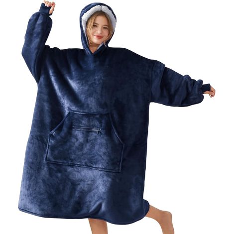 Plaid à capuche adulte avec manches et masque ajustable, sherpa chaud, idéal hiver, coloris marine, cadeau femme/homme