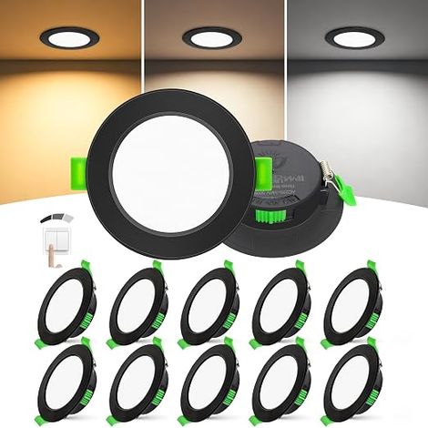 Spot LED Encastrable Plat Spots de Plafond Dimmable Intensités Sans Variateur 2700K 4000K 6000K Spot Salle de Bain Découpe Ø58-68mm 230V Noir (1/5)
