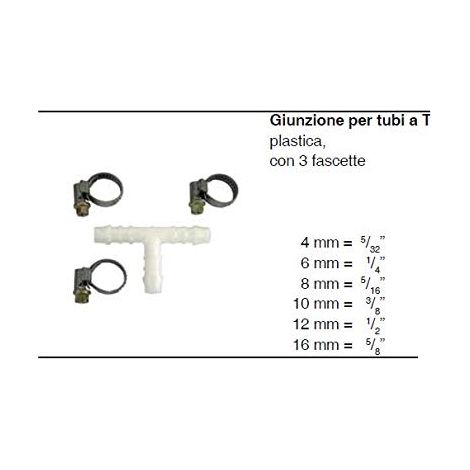 Giunzione per tubi a "T" + 2 fascette - 12 mm = 1/2