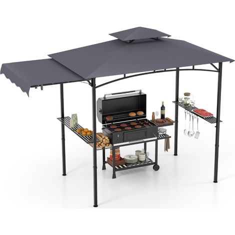 Grillpavillon mit seitlicher Markise, Doppeldach, Grau, 318 x 153 x 250 cm