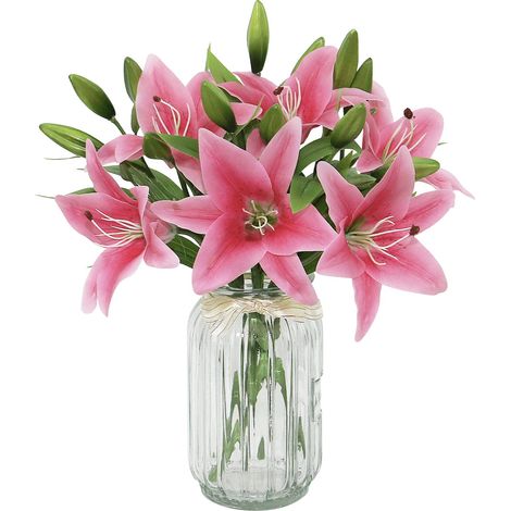 Lot de 6 lys artificiels blancs, fleurs artificielles en plastique, lys artificiels au toucher réaliste, décoration intérieure pour mariage, rose-AquaForge (1/5)
