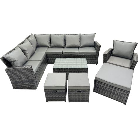 Fimous 10 Seat Rattan High Back Corner Sofa Set Patio Coffee Table Sets with 3 Stools Chair Dark Grey Mixed (1/5)