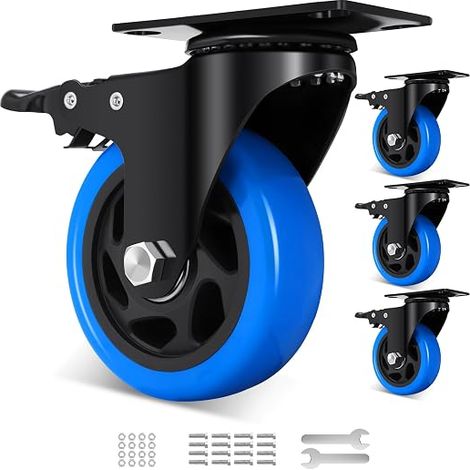 100mm Roulettes Charge Lourde avec Frein à Double Blocage, Polyuréthane Roulettes Pivotantes pour Meubles, Capacité de Charge 800kg, 360 Degrés Roue de Transport pour Exterieur, Industriel (1/5)