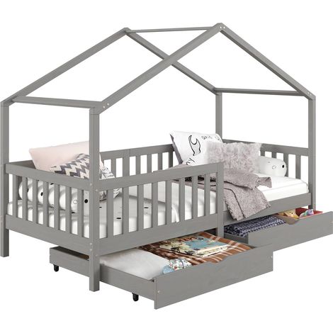 Idimex – Lit cabane 90x200 cm en pin massif gris – 2 tiroirs modulables – Barrière de sécurité – Structure en forme de maisonnette (1/4)