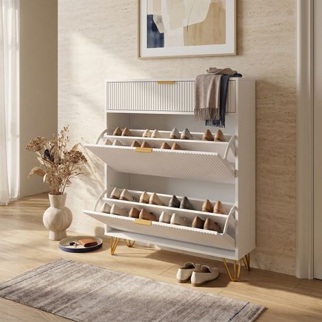 Scarpiera 80, 3 ribaltine, grande capacità, frontali ondulati, piedini dorati, mobile contenitore per ingresso, stile moderno/acandinavo(80×24×118,5cm, Bianco)