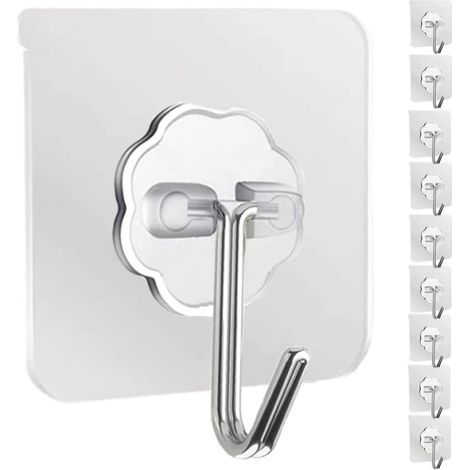 Wall Hooks, 10 Pack Heavy Duty Clear Adhesive Hooks for Kitchen, Bathroom, Office, Closet, Coat Rack, Towel Rack, Key Decor - (1/5)