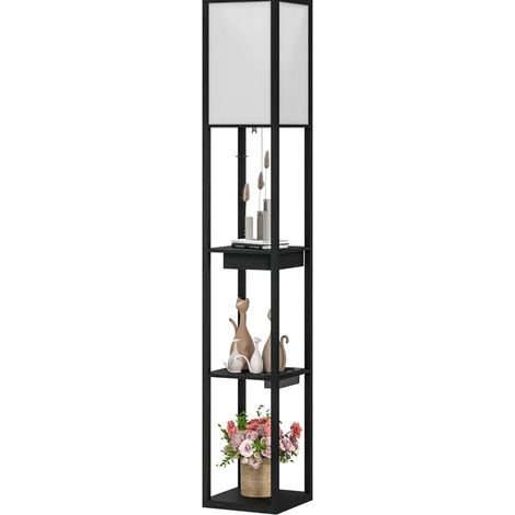 Stehlampe mit Regalen, USB-A/USB-C, Stoffschirm, E27, schwarz-weiß, MODENUIT (1/4)