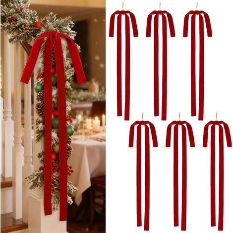 6 nœuds en velours rouge pour sapin de Noël, grand nœud de couronne d'escalier de Noël en velours rustique de 24 pouces, nœud de sommet de sapin de Noël, long nœud de ruban, ornement de fête (1/4)