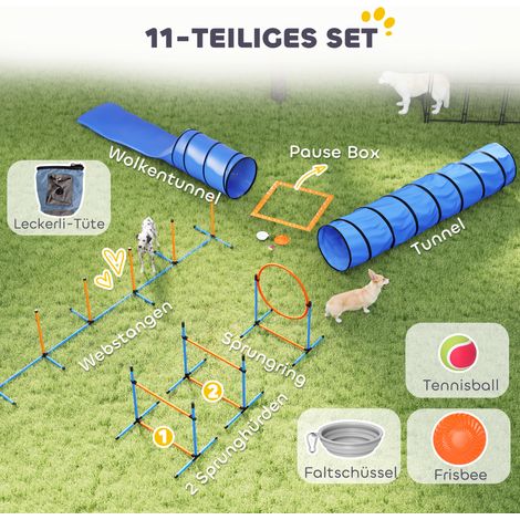 Ensemble d'agilité canin 11 pièces : 2 tunnels, anneau de saut, haies ajustables en hauteur, barre de slalom