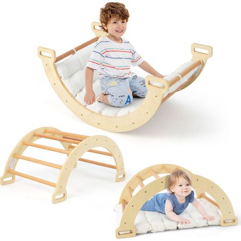 Lot d'arche d'escalade 3 en 1 à bascule 81 x 50 x 38,5 cm avec coussin moelleux ambiances cosy en bois beige