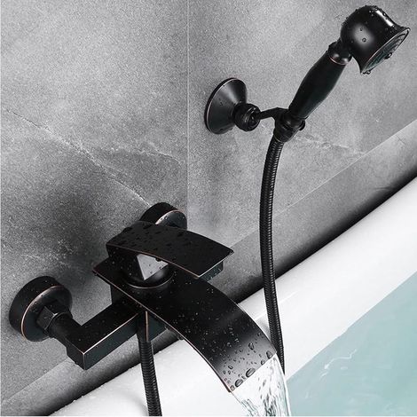 Wall-mounted waterfall bath mixer in brass, black bronze finish with included hand shower (1/4)