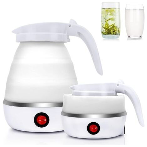 Bouilloire pliable en silicone 0,6 L, mini bouilloire portable avec base en acier inoxydable pour le camping et les vacances, ébullition rapide 600 W