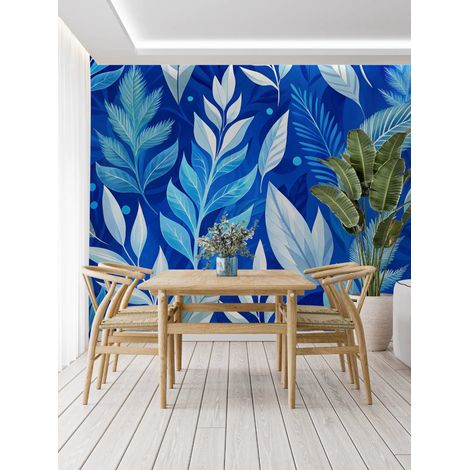 Papier Peint Feuillage - Feuilles Bleues et Blanches - 150 x 250 cm (1/2)