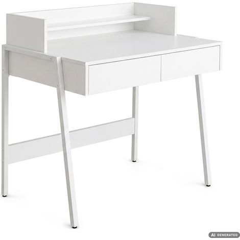 Bureau informatique de style industriel Blanc FLUX 78 cm 2 tiroirs 1 étagère Pieds blancs (1/5)
