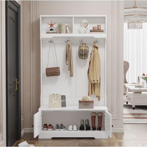 Garderobenschrank aus Spanplatte Weiß mit Sitzbank, 2 Türen, 4 Haken und 2 offenen Fächern, 101,5 x 183 cm (1/5)