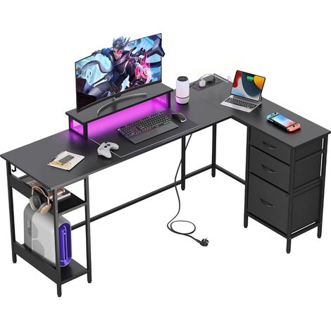 Bureau d’angle L 168 × 103 cm avec tiroirs, prise électrique et port USB, bureau informatique avec rangement pour home office et chambre, noir (1/5)