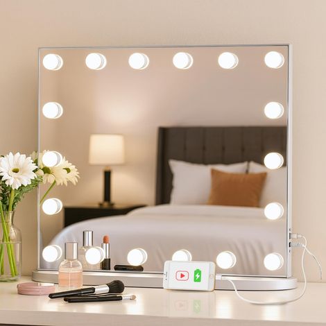 Miroir de courtoisie Hollywood avec lumières, miroir de maquillage lumineux de 60 cm avec 18 ampoules LED pour chambre à coucher, 3 modes d'éclairage de couleur, support de table et mural (1/5)
