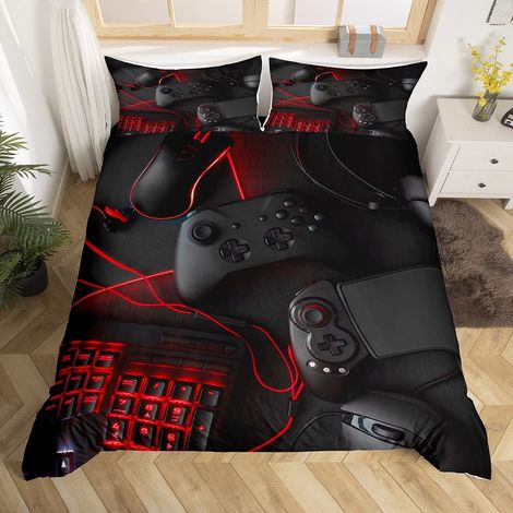Parure de lit avec housse de couette de 135 x 200 cm - Pour garçon et adolescent - Motif manette de jeu moderne - Noir et rouge (1/5)