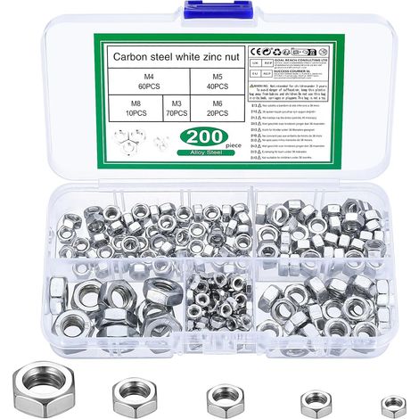 200 Pièces Ecrou Hexagonal, Écrous de Blocage, Écrous en Acier inoxydable, Ecrou Autobloquants à Inserts en Filetage pour Boulons et Vis, Écrous Hexagonaux, M3 M4 M5 M6 M8 Ecrous (1/5)