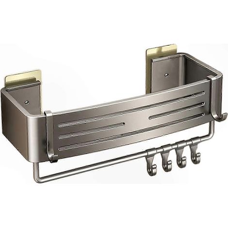 Étagère de salle de bain autocollante avec porte-serviettes et trou d'évacuation. Installation facile, sans perçage. Convient aux parois de douche. Gris B. (1/5)