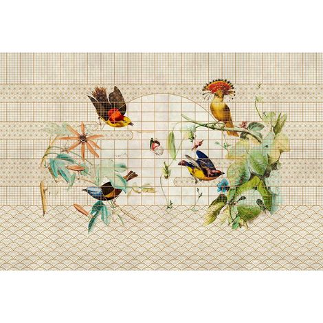 Papier peint panoramique oiseaux volière vintage Tapisserie panoramique beige art deco pour chambre adulte Papier peint panoramique jardin d'hiver (1/2)