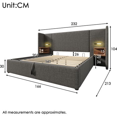Lit double rembourré 160×200cm lin gris,chevet,lampe lecture,USB Type-C,cadre bois/métal,base à lattes solide sans matelas