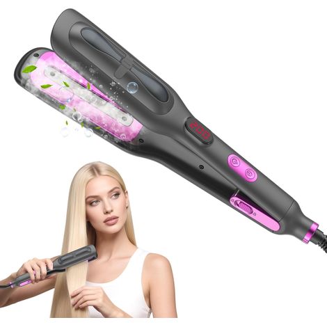 Lisseur Cheveux Vapeur, Plaques en Céramique, 6 Températures Réglables 100-200°C, Réservoir d'Eau Intégré, Chauffe Rapide en 30 s, Écran LED, Gris (1/5)