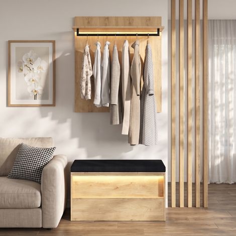 Ensemble meuble d’entrée 2 pièces 90x47x145 cm, porte-manteau mural, banc à chaussures avec coussin, tringle, 2 rubans LED, effet chêne et anthracite (1/5)
