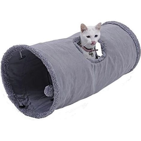 Suede Cat Tunnel Toy, Large Foldable Cat Tunnel with 2 Holes and Hanging Ball for Cats, Kittens, Rabbits, Diameter 25 x 50 cm