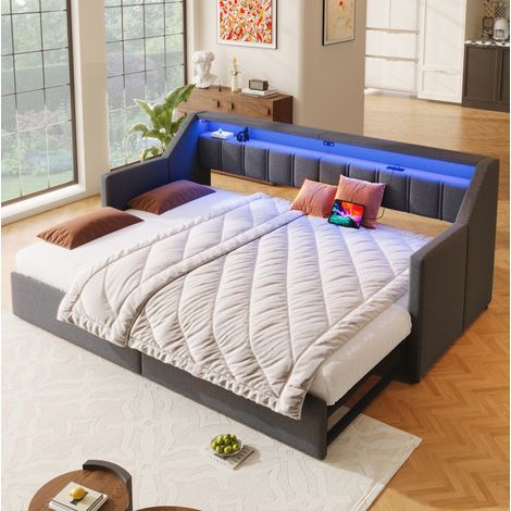 Ausziehbett 90x200 cm Mit Kopfteil Mit USB-/Typ-C-Anschlüssen Grau (1/5)