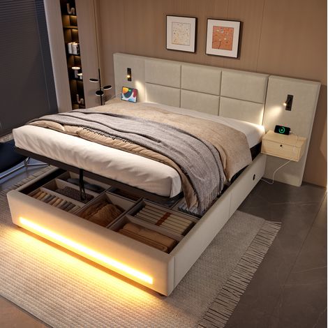 Lit coffre 180x200 cm en velours beige avec tête de lit, LED, USB-C et rangement (1/5)