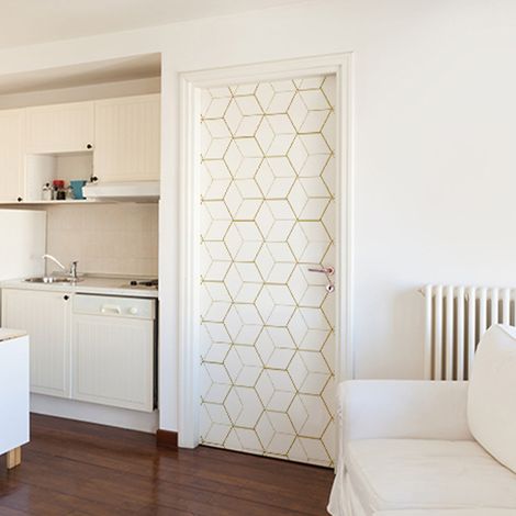 Sticker porte 3D or et blanc, Autocollant trompe-l'œil 204 cm X 83 cm pour portes en forme de cubes. Décorez votre porte avec ce sticker 3D unique (1/4)