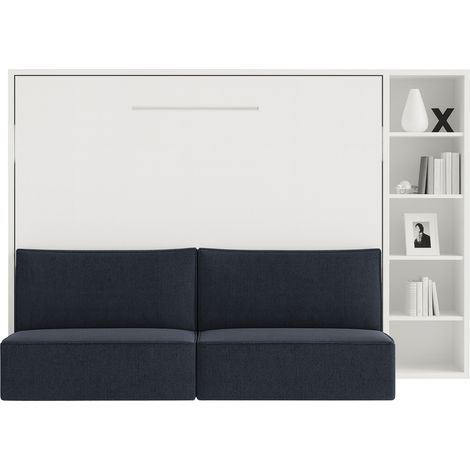Lit escamotable horizontal LOGIA Bleu marine lit+canapé+étagère-140x190-Canapé Bleu marine-Structure Blanche-Version lit+canapé+étagère (1/5)
