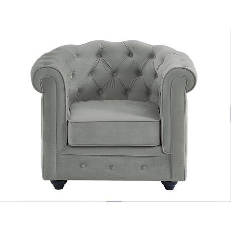Canapé 3 places et fauteuil CHESTERFIELD - Velours gris clair (1/4)