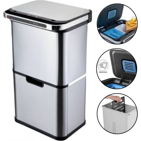 Poubelle automatique de tri 60L à 4 compartiments – Inox SS304 – Ouverture par capteur – Filtre anti-odeurs – Roues pour transport facile (1/5)