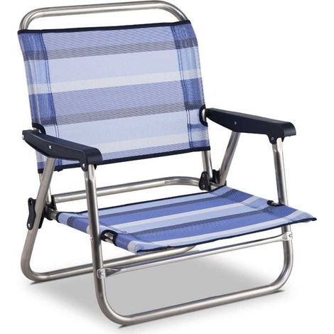 Fauteuil de jardin pliant bas en aluminium – Toile tissée bleu rayé – Accoudoirs fixes en plastique – Montants en U pour stabilité – Europliage (1/2)