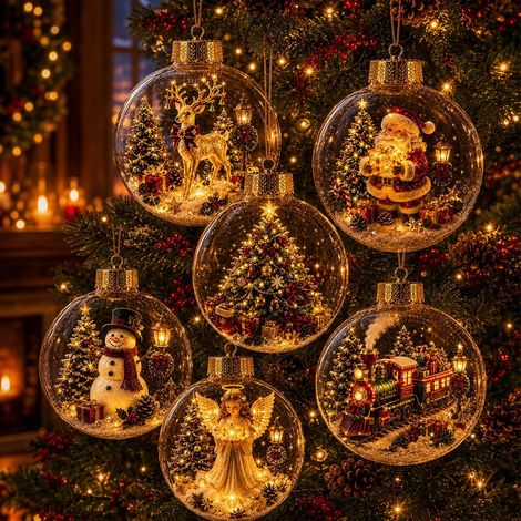 Lot de 6 Boules de Noël Lumineuses LED, Lumière Blanc Chaud, Décoration Suspendue pour Sapin et Maison, D (1/5)
